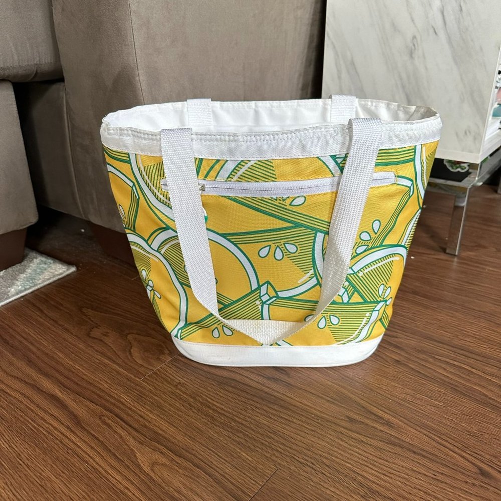 12 Can Cooler Soft Zip Top Tote - Yellow and White Lemon Toss - Poptimism